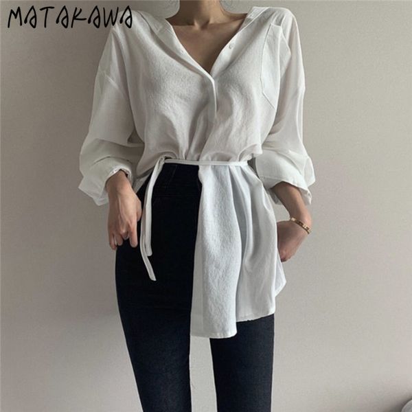 longsleeved women blouses turndown collar singlebreasted ladies shirt solid color irregular blusas tie waist 210506, White
longsleeved women blouses turndown collar singlebreasted ladies shirt solid color irregular blusas tie waist 210506, White