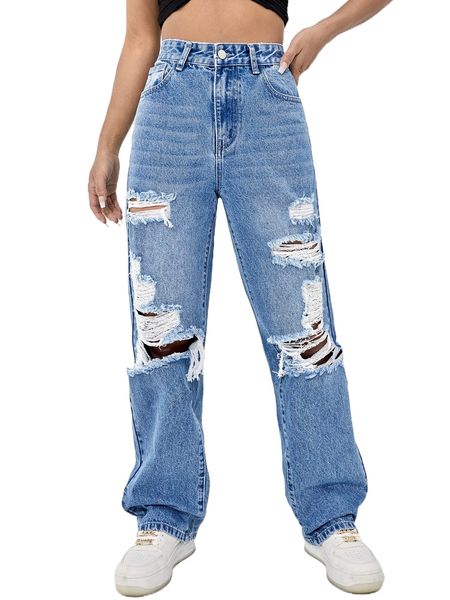 high waist ripped straight leg jeans y9bg#, Blue
high waist ripped straight leg jeans y9bg#, Blue