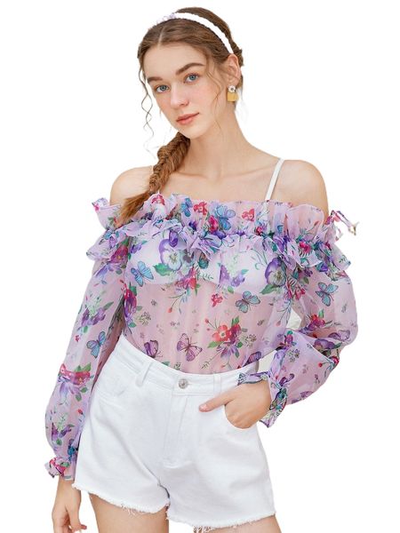 butterfly & floral print off shoulder ruffle trim organza blouse without bra 58wu#, White
butterfly & floral print off shoulder ruffle trim organza blouse without bra 58wu#, White