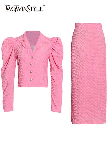 twotwinstyle solid color two piece set for women v neck puff sleeves shirts high waist straight skirts female suits 2022 new t220729, Gray
twotwinstyle solid color two piece set for women v neck puff sleeves shirts high waist straight skirts female suits 2022 new t220729, Gray