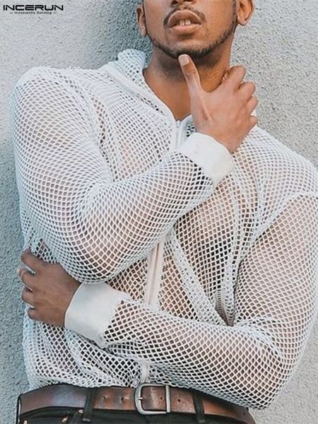 men t shirt hooded long sleeve mesh transparent breathable long sleeve zipper casual cardigan streetwear s-5xl incerun, White;black 
men t shirt hooded long sleeve mesh transparent breathable long sleeve zipper casual cardigan streetwear s-5xl incerun, White;black