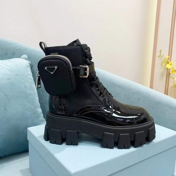 

black patent calf leather nylon pouch ankle combat boots platform wedges lace-up round toe block heels flat booties chunky luxury designer f