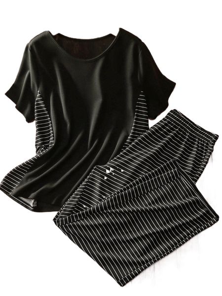 plus striped tee & pants t9an#, Black