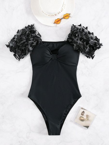 butterfly appliques ruched one piece swimsuit s3sf#, White;black 
butterfly appliques ruched one piece swimsuit s3sf#, White;black