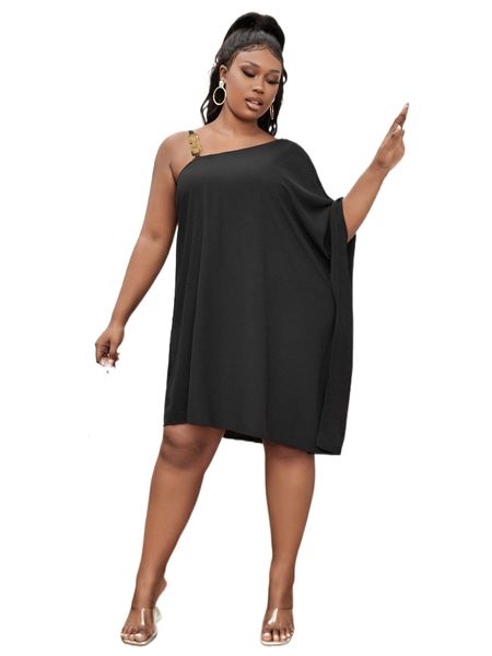 plus asymmetrical neck batwing sleeve dress z5ib#, Black