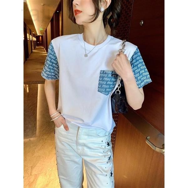 women's t-shirt designer chaopai 22 early spring new sweet wind wash letter blue and white denim splicing decorative round neck short s
women's t-shirt designer chaopai 22 early spring new sweet wind wash letter blue and white denim splicing decorative round neck short s