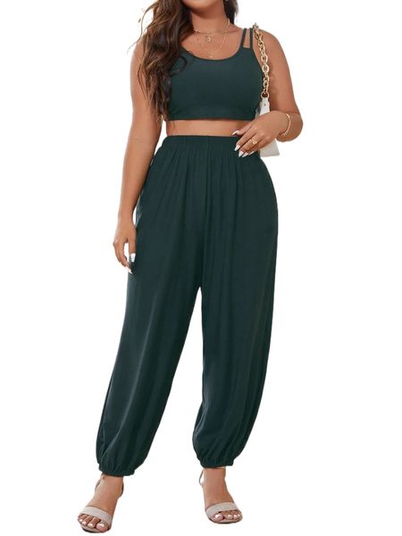 plus solid cami & sweatpants r60r#, Black
