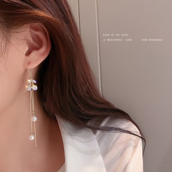 925 silver stud rhinestone-encrusted pearl cherry tassel hanging earrings long elegant earrings korean fashion all-match mori ear studs, Golden
925 silver stud rhinestone-encrusted pearl cherry tassel hanging earrings long elegant earrings korean fashion all-match mori ear studs, Golden