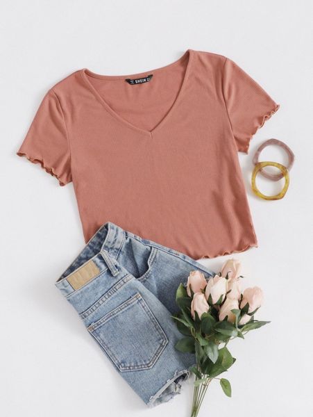 v neck lettuce trim rib-knit crop m6iu#, White