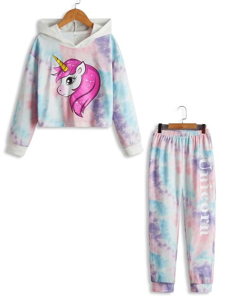 girls unicorn hoodie & tie dye sweatpants she, White 
girls unicorn hoodie & tie dye sweatpants she, White
