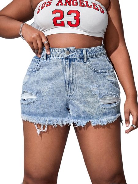 plus ripped raw hem washed denim shorts without belt f0w5#, White;black