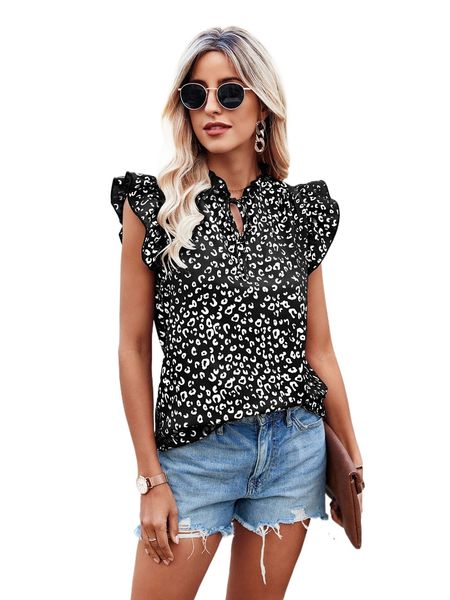 leopard frilled tie neck ruffle trim tank blouse t7bz#, White 
leopard frilled tie neck ruffle trim tank blouse t7bz#, White