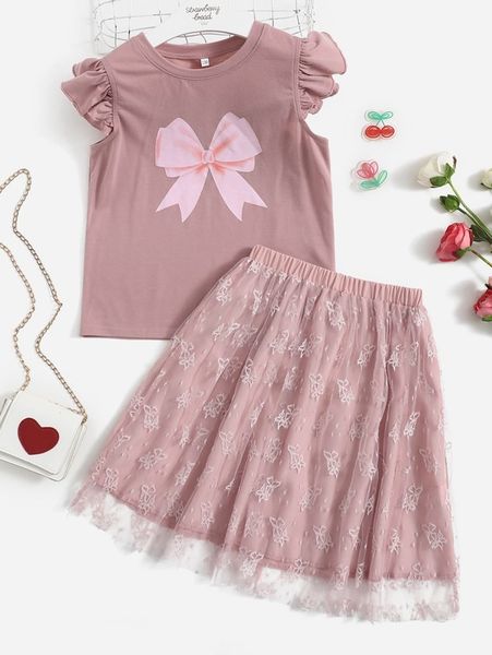 girls bow print butterfly sleeve tee & embroidery mesh overlay skirt she, White
girls bow print butterfly sleeve tee & embroidery mesh overlay skirt she, White