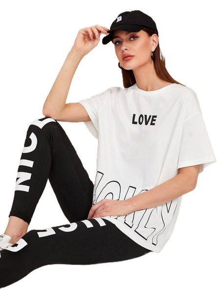 letter graphic drop shoulder tee & leggings k7tm#, White