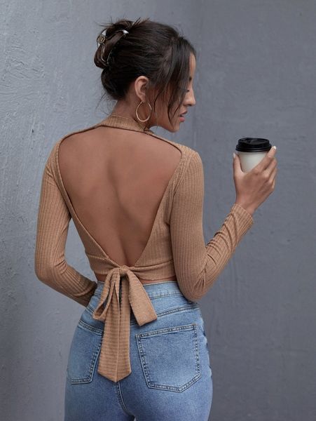 ribbed open-back long sleeve cropped tee 30tb#, White