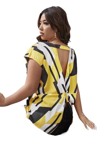plus geo and striped print cut out twist back blouse g2lm#, Black