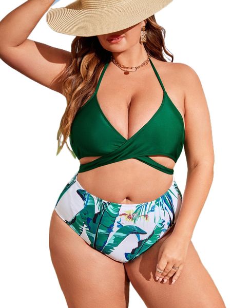 plus tropical print high waist one piece swimsuit f3ou#, White;black