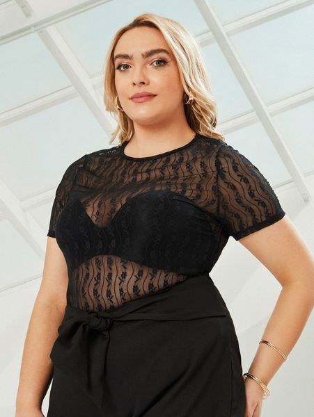 plus semi sheer lace blouse without bra z5xj#, Black