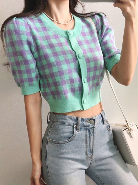 2022 summer puff short-sleeved thin plaid knitted cropped cardigan women korean chic single-breasted knitwear sweater, White;black
2022 summer puff short-sleeved thin plaid knitted cropped cardigan women korean chic single-breasted knitwear sweater, White;black