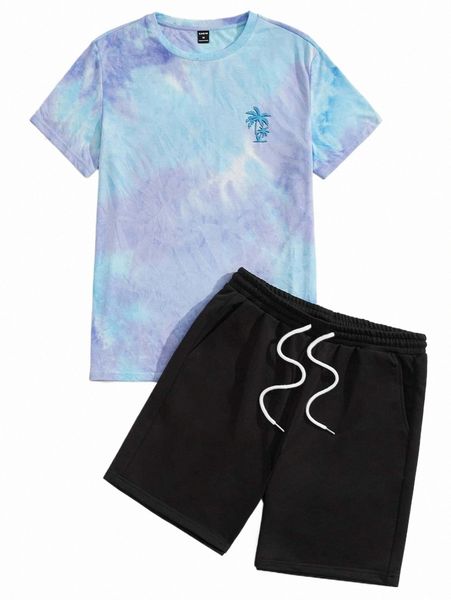 men tie dye & palm tree print tee and drawstring shorts set d9se#, Gray
