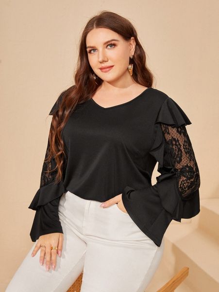 plus contrast lace ruffle trim tee 39jt#, Black