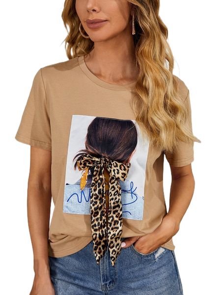 figure & letter graphic leopard bow tee t1m7#, White