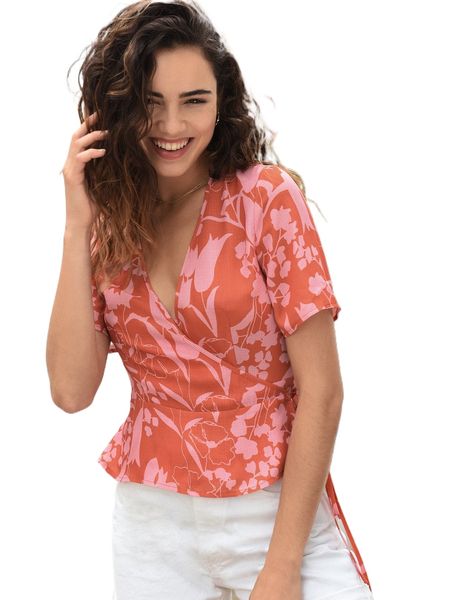 floral print knot side wrap blouse y1qy#, White 
floral print knot side wrap blouse y1qy#, White