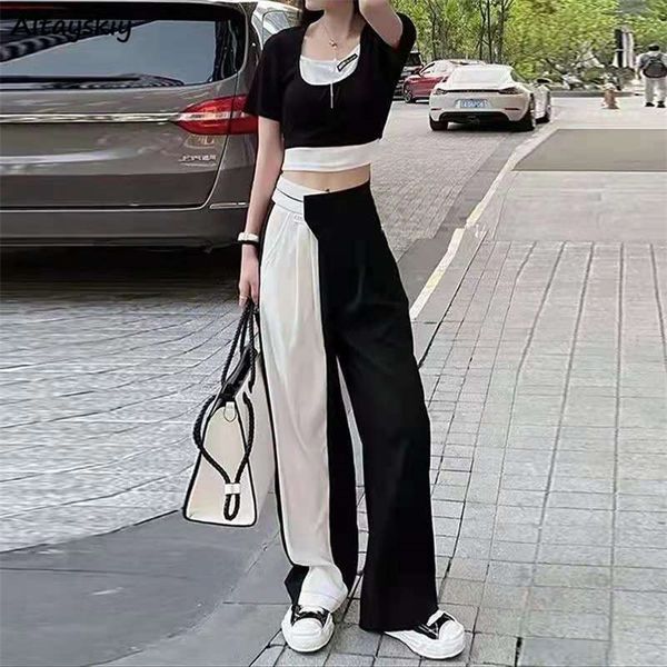 pant set patchwork fashion cool harajuku wide leg street tshirts crop outfit college streetwear summer ulzzang cozy 220705, White 
pant set patchwork fashion cool harajuku wide leg street tshirts crop outfit college streetwear summer ulzzang cozy 220705, White