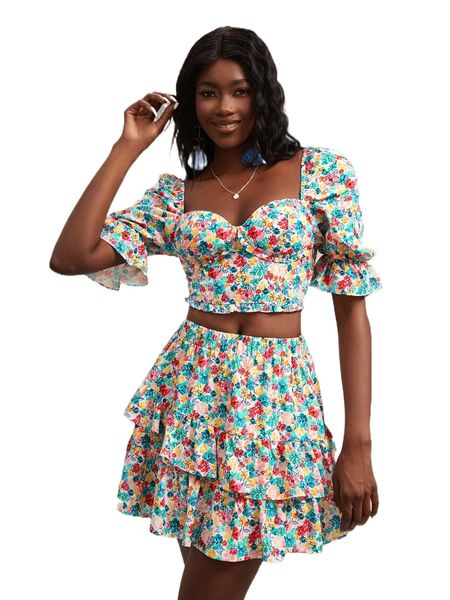 x yin creative studio floral print sweetheart neck bustier crop & layered hem skirt 55at#, White
x yin creative studio floral print sweetheart neck bustier crop & layered hem skirt 55at#, White