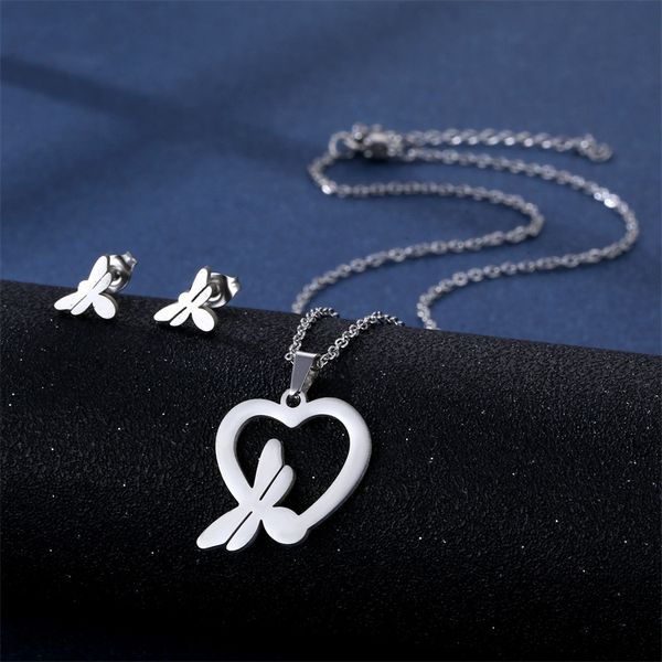 trendy jewelry stainless steel hollow love dragonfly pendant necklace earring set women's love clavicle chain holiday gift, Silver
trendy jewelry stainless steel hollow love dragonfly pendant necklace earring set women's love clavicle chain holiday gift, Silver