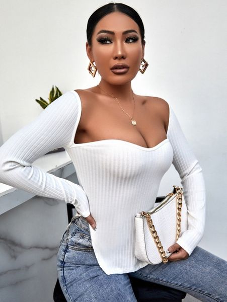 sxy sweetheart neck split hem tee f5bz#, White 
sxy sweetheart neck split hem tee f5bz#, White