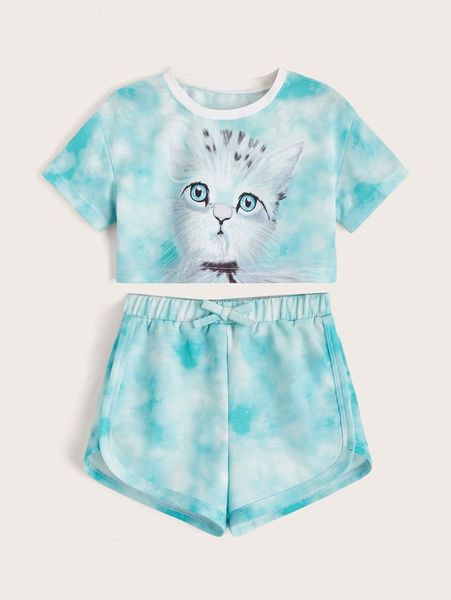 toddler girls cat print tie dye tee & knot front shorts she, White
toddler girls cat print tie dye tee & knot front shorts she, White