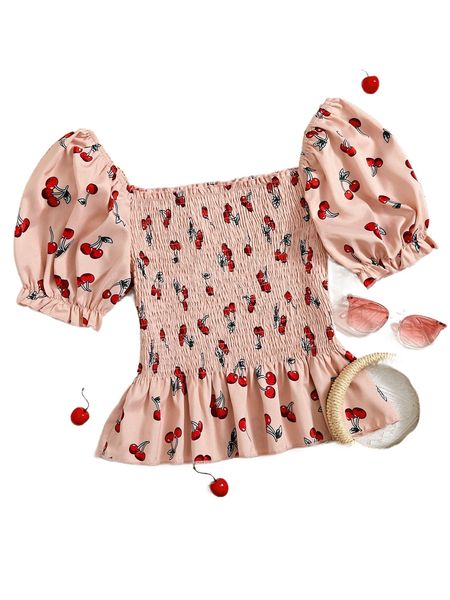 square neck cherry print shirred peplum x7qx#, White