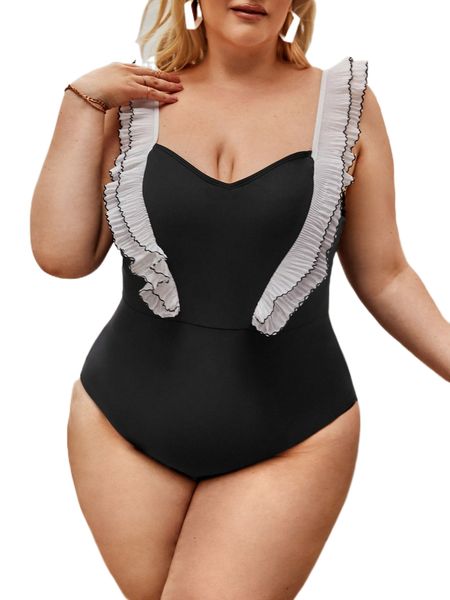 plus ruffle trim lace-up back sweetheart neck one piece swimsuit b5ft#, White;black
plus ruffle trim lace-up back sweetheart neck one piece swimsuit b5ft#, White;black