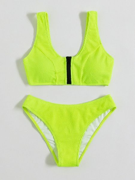 textured zip front bikini swimsuit j68s#, White;black
textured zip front bikini swimsuit j68s#, White;black