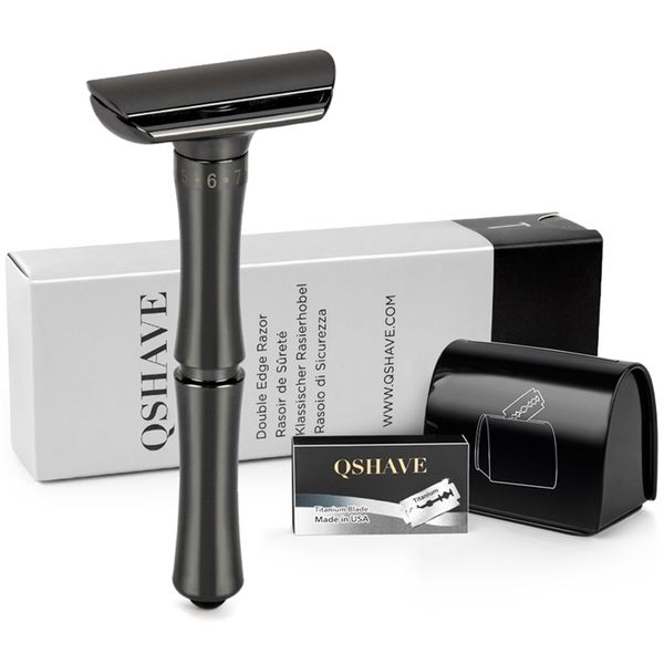 qshave matte black adjustable safety razor safer press to open blade replacing system 1 razor 1 blade disposal case & 5 blades 220622
qshave matte black adjustable safety razor safer press to open blade replacing system 1 razor 1 blade disposal case & 5 blades 220622