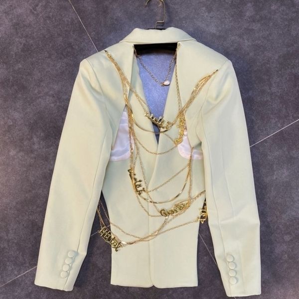 autumn long sleeve notched collar chain decoration back hollow out songle button slim blazer women coat y201026, White;black
autumn long sleeve notched collar chain decoration back hollow out songle button slim blazer women coat y201026, White;black