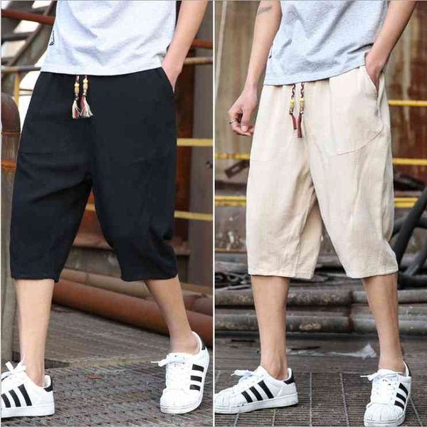 summer chine style sports shorts trend loose cropped pants student linen casual, White;black
