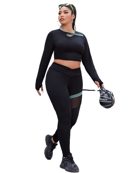 plus four-way stretch contrast mesh thumb holes sports set a3tr#, Black
plus four-way stretch contrast mesh thumb holes sports set a3tr#, Black