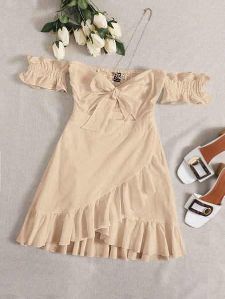 off shoulder tie front wrap hem dress 652v#, Black;gray
