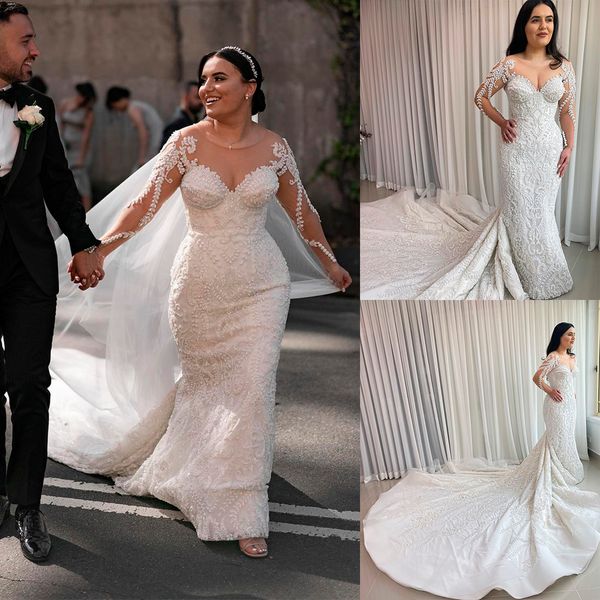luxury sequined mermaid wedding dresses applique full sleeve bridal gowns custom made plus size sweep floor formal dress, White
luxury sequined mermaid wedding dresses applique full sleeve bridal gowns custom made plus size sweep floor formal dress, White