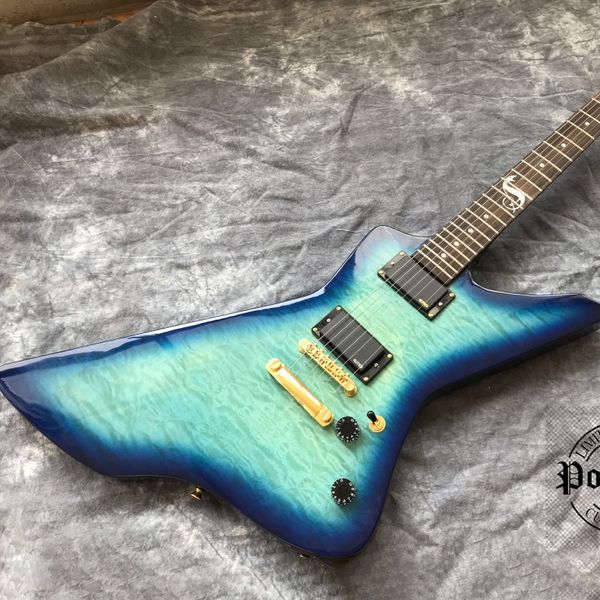 chinese electric guitar exploer style bule color flame maple gold hardware 6 strings
chinese electric guitar exploer style bule color flame maple gold hardware 6 strings