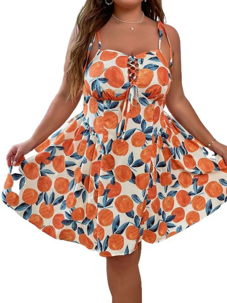 plus fruit print lace up front cami dress q7c9#, Black