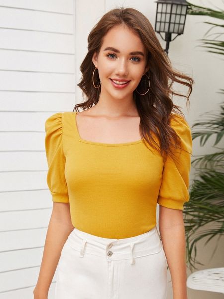 solid square neck puff sleeve u2re#, White 
solid square neck puff sleeve u2re#, White