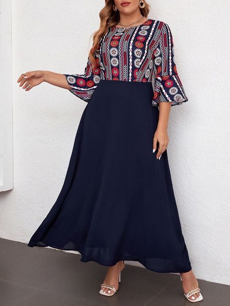 plus geo & mandala print flounce sleeve dress d7fg#, Black
