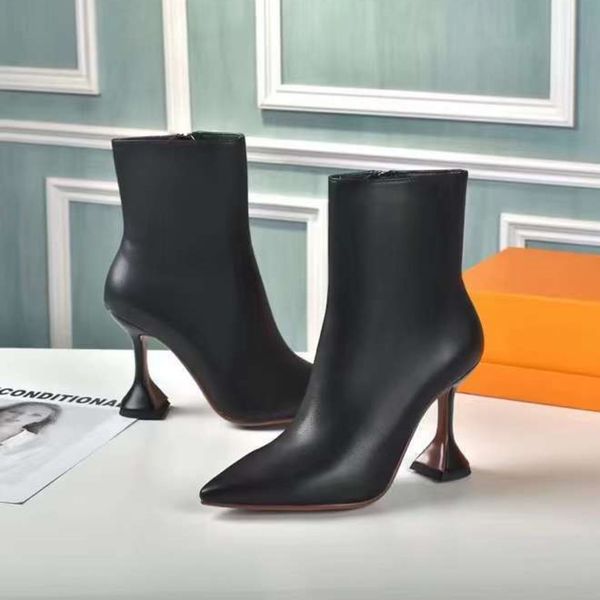 women pointed-toe leather boots ankle boots cubic heel pointed toes side zip leather sole booties women luxury designer boots with box no388, Black