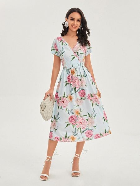 floral print surplice neck a-line dress u4qa#, Black;gray