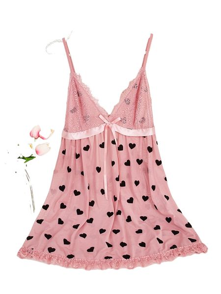 heart print tie front backless lace nightdress p2xr#, Black;red
heart print tie front backless lace nightdress p2xr#, Black;red