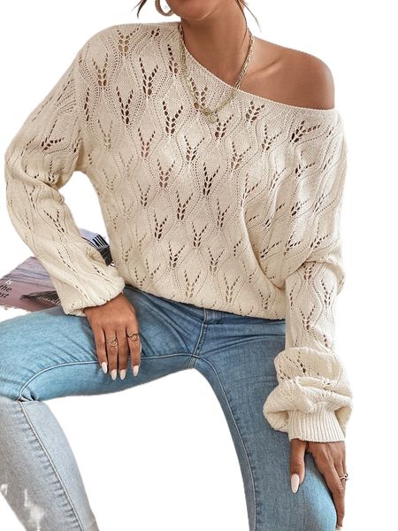 pointelle knit drop shoulder sweater p8gk#, White;black
pointelle knit drop shoulder sweater p8gk#, White;black