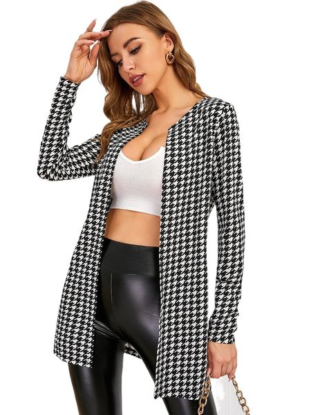 houndstooth pattern open front coat l5ki#, Black 
houndstooth pattern open front coat l5ki#, Black